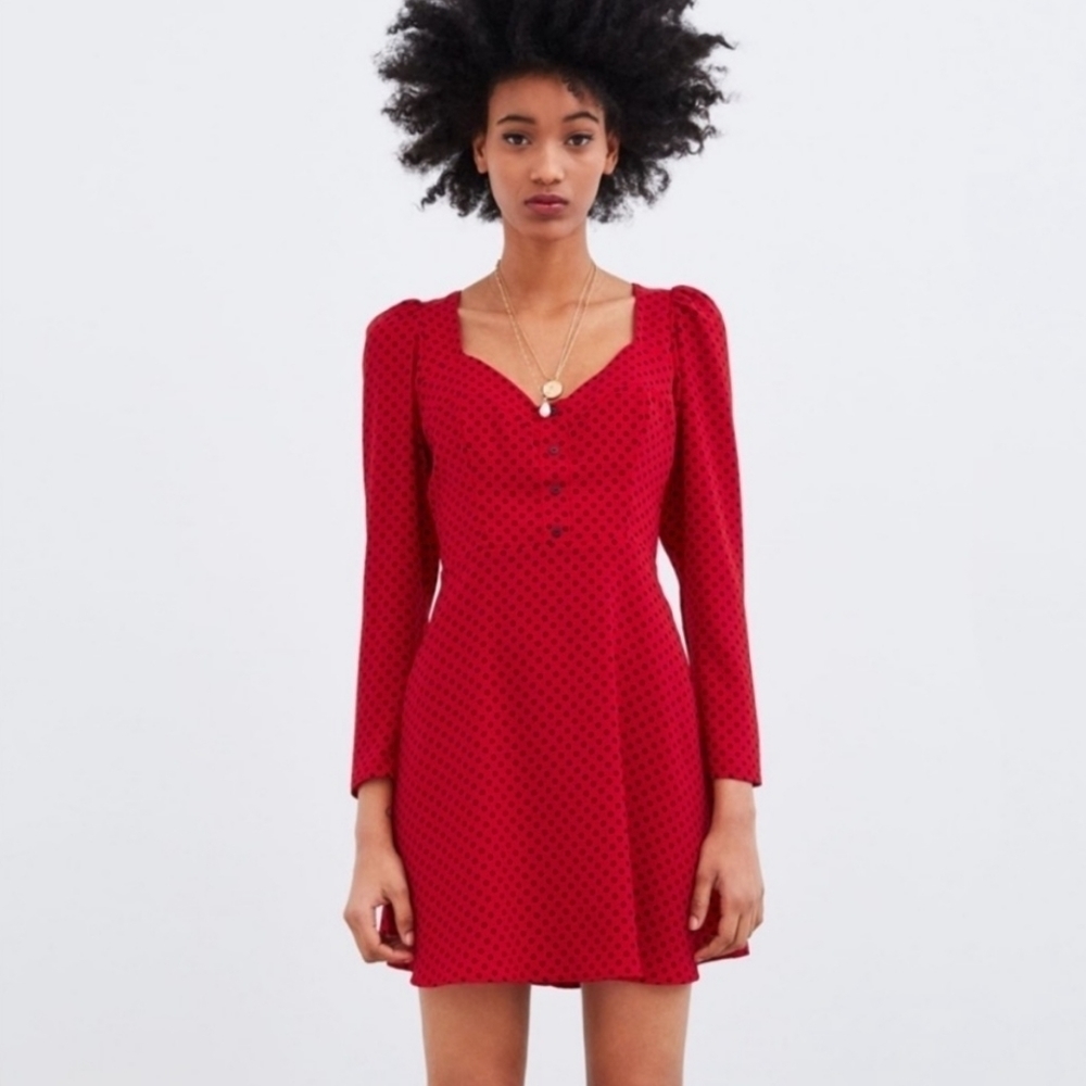 𝅺Zara Red Black Polka Dot Longsleeve Dress Size XS